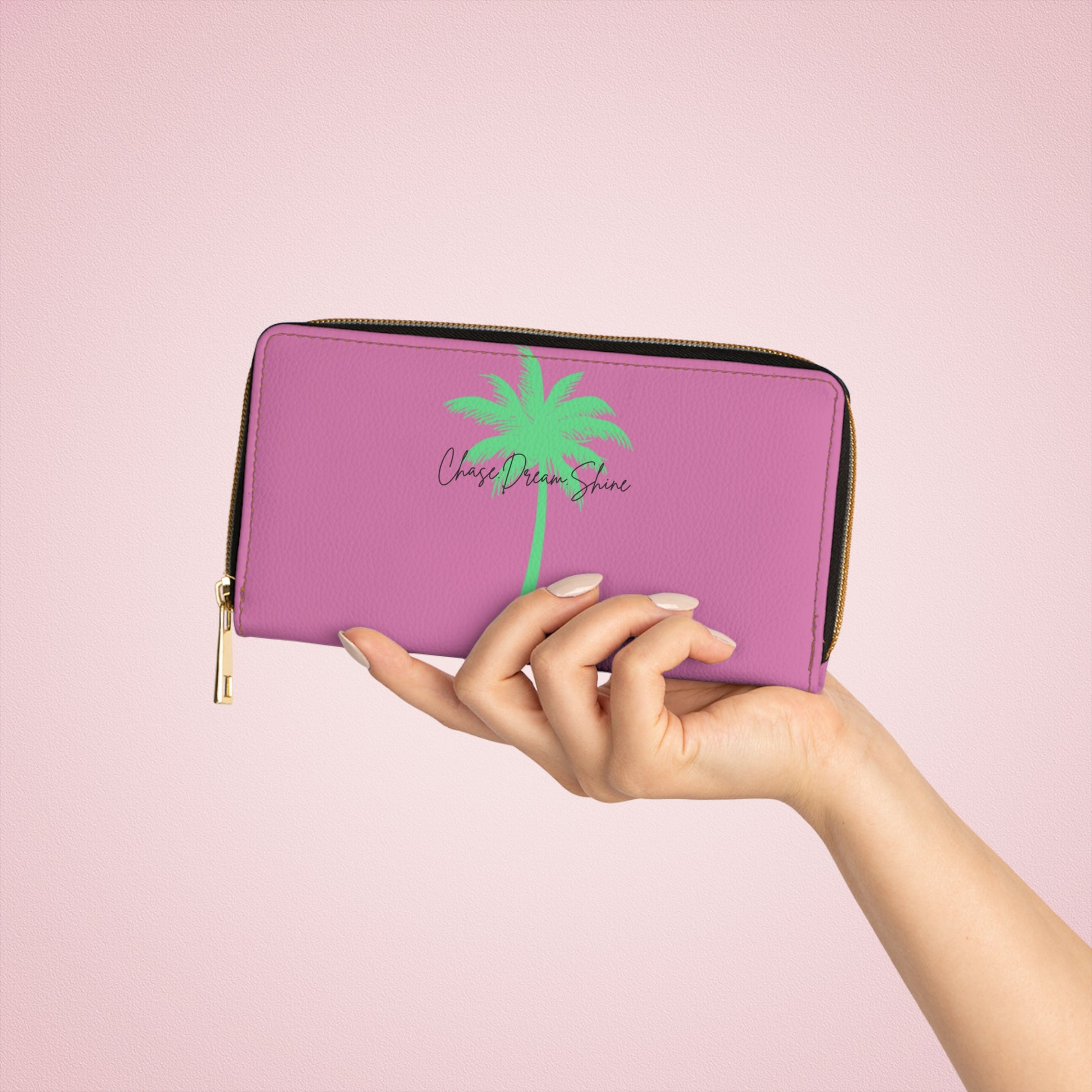 Chase the Sun Pink Zipper Wallet, Travel Wallet, Gift for Her, Summer Accessory, Stylish Organizer, Palm Tree Design