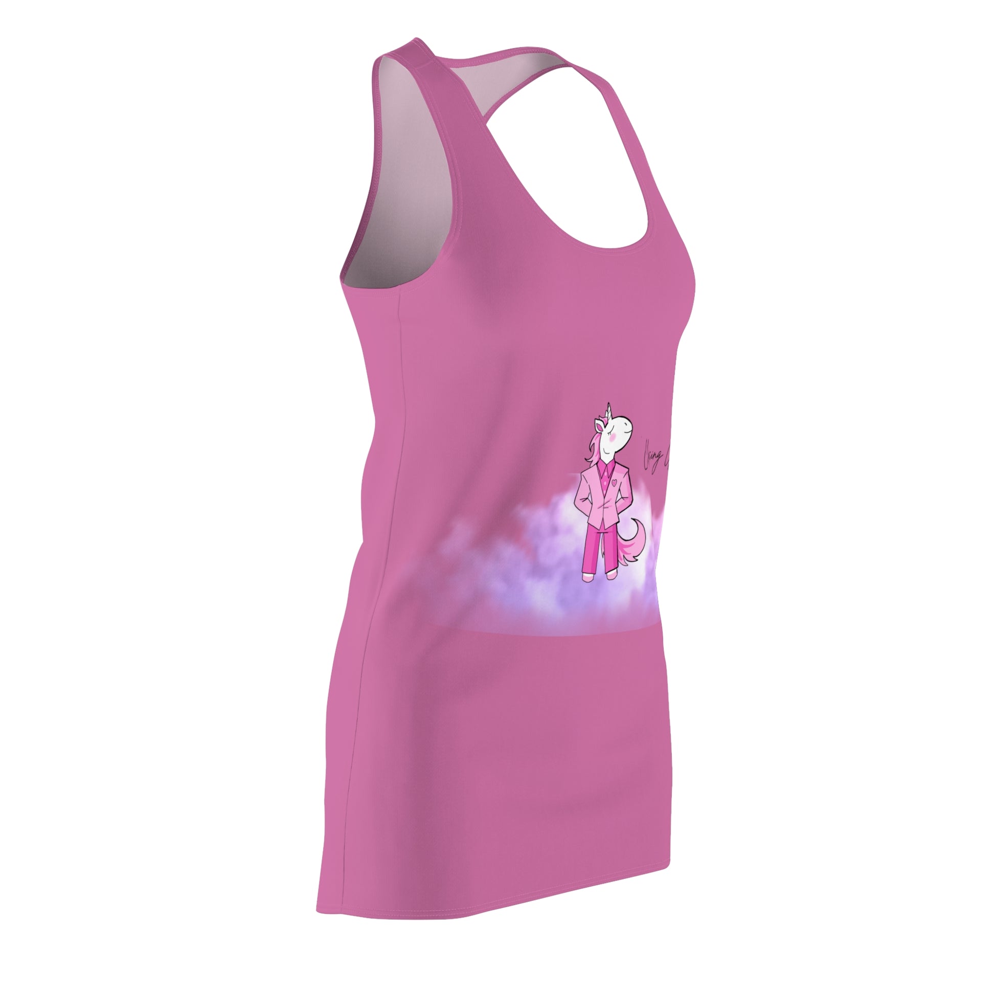 Chic Summer Vibes Dress, AOP Racerback Dress, Unicorn Graphic Dress, Beach Outing Wear, Relaxed Summer Fashion