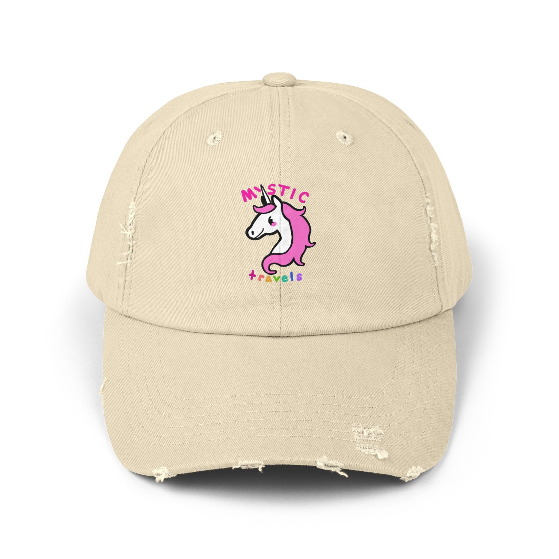 Mystic Unicorn Distressed Cap for Travelers, Trendy Beach Hat, Casual Gift for Unicorn Lovers, Adjustable Dad Cap, Summer Accessory