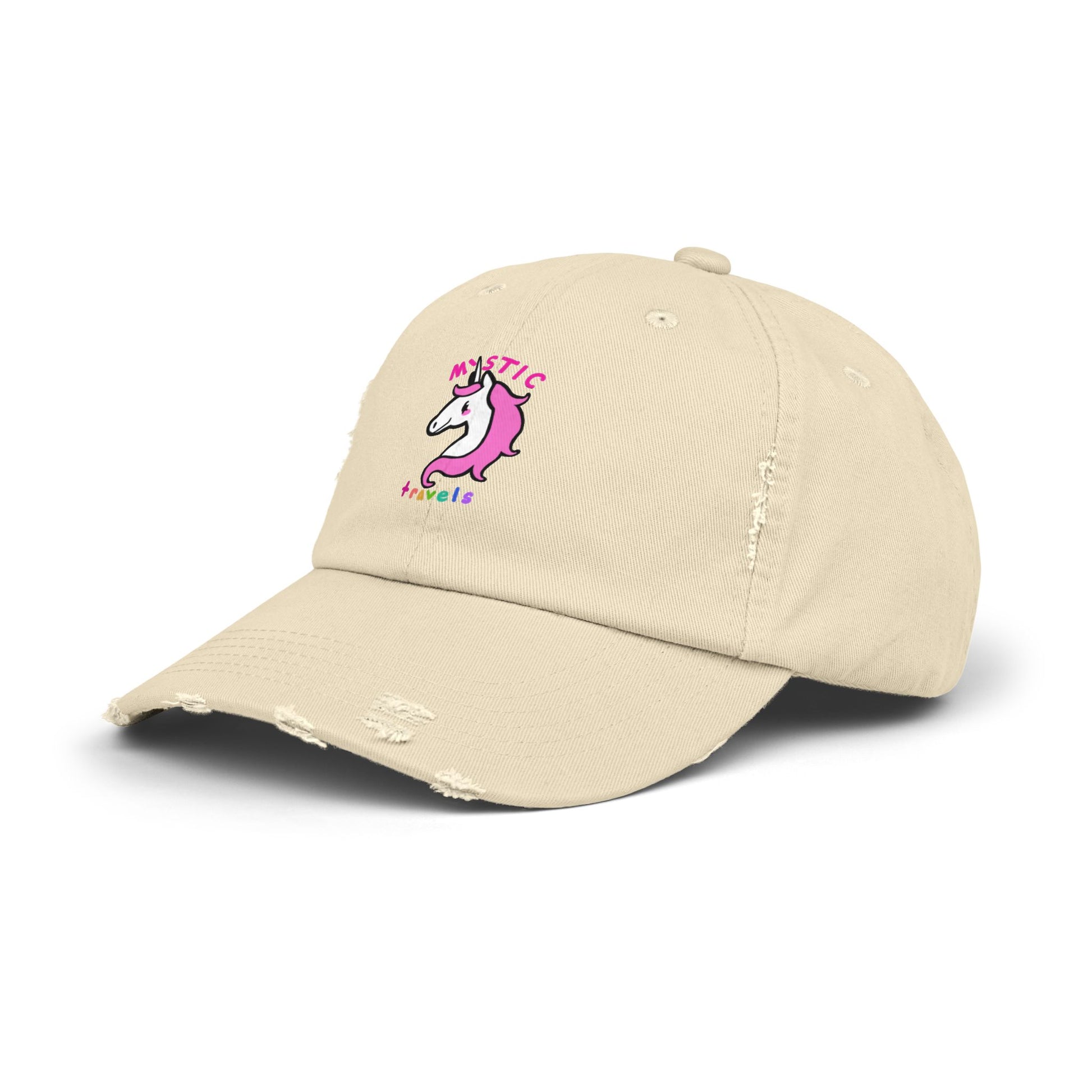 Mystic Unicorn Distressed Cap for Travelers, Trendy Beach Hat, Casual Gift for Unicorn Lovers, Adjustable Dad Cap, Summer Accessory