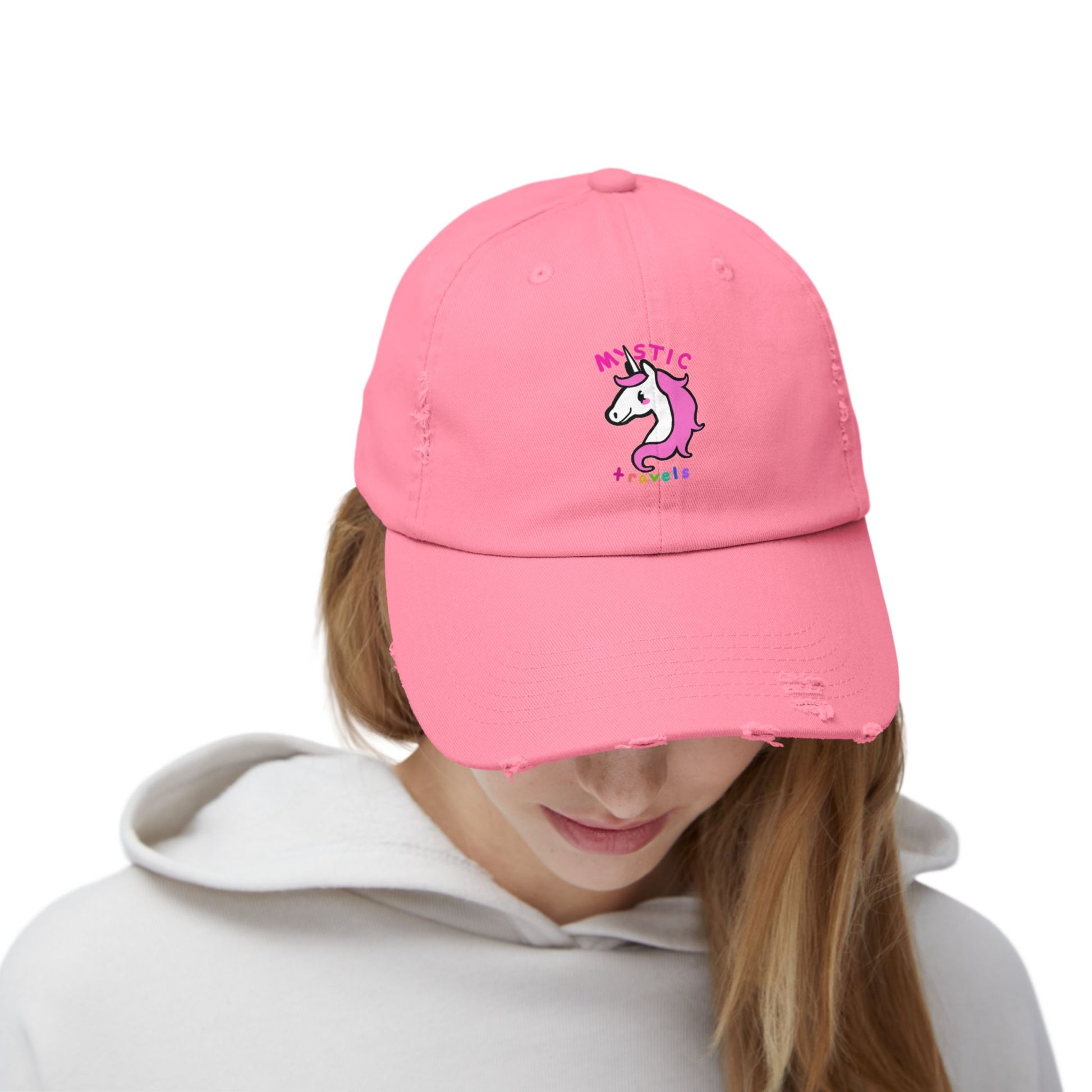 Mystic Unicorn Distressed Cap for Travelers, Trendy Beach Hat, Casual Gift for Unicorn Lovers, Adjustable Dad Cap, Summer Accessory