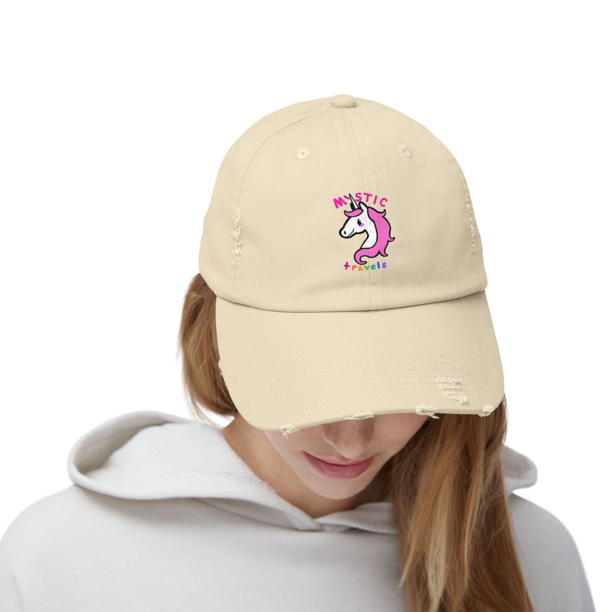 Mystic Unicorn Distressed Cap for Travelers, Trendy Beach Hat, Casual Gift for Unicorn Lovers, Adjustable Dad Cap, Summer Accessory